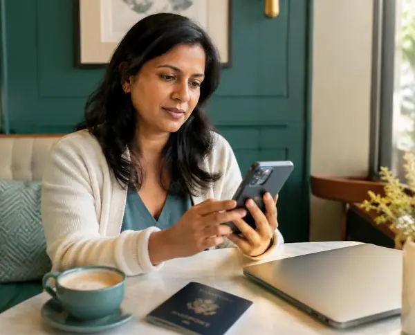 Woman reviewing privacy settings on her phone in a café